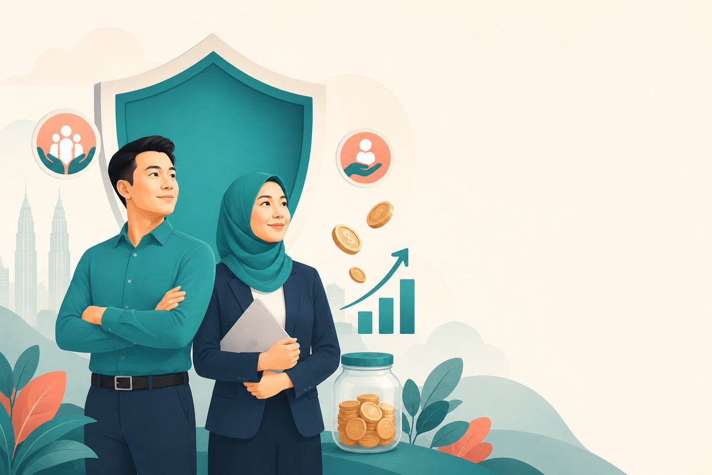 Ilustrasi perlindungan caruman berkanun — perisai besar, syiling, carta menaik dan tabung simpanan