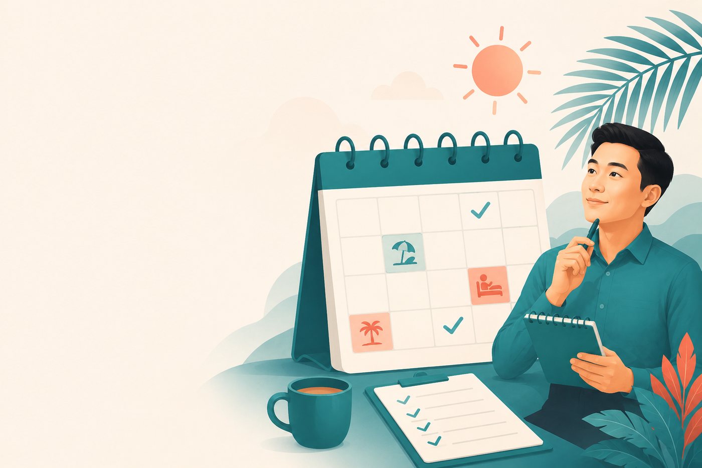 Ilustrasi pekerja merancang cuti — kalendar besar, matahari dan suasana rehat yang tenang