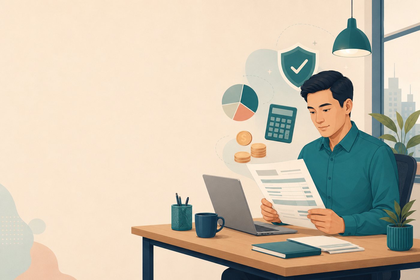 Ilustrasi pegawai HR menyemak slip gaji dengan kalkulator, syiling dan carta