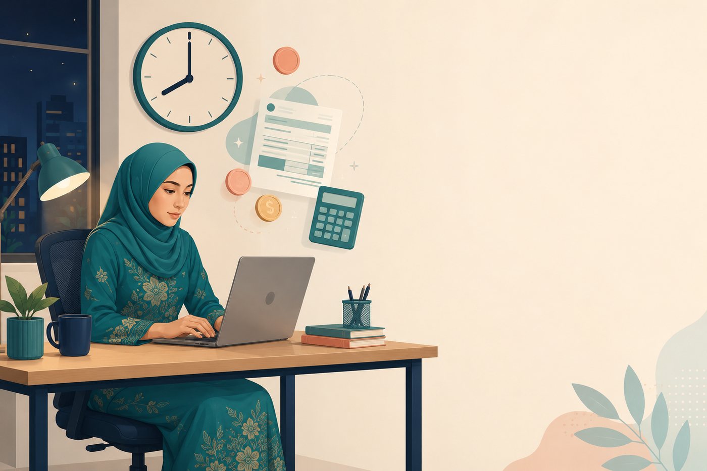 Ilustrasi pekerja wanita bekerja lebih masa pada waktu malam dengan jam, slip gaji dan kalkulator