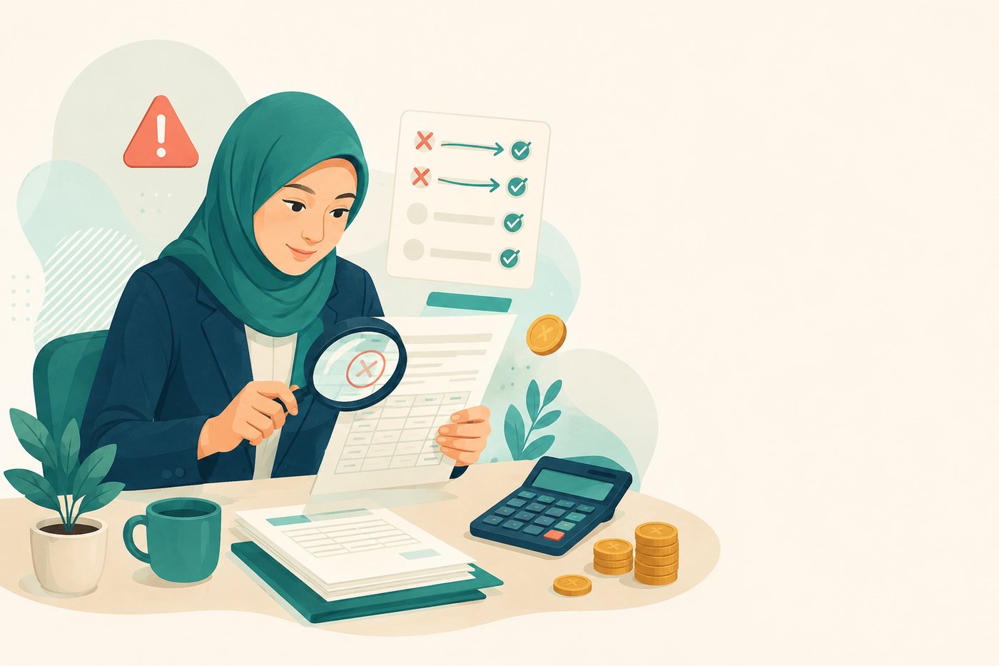 Ilustrasi menyemak dokumen payroll dengan senarai semak dan penanda amaran